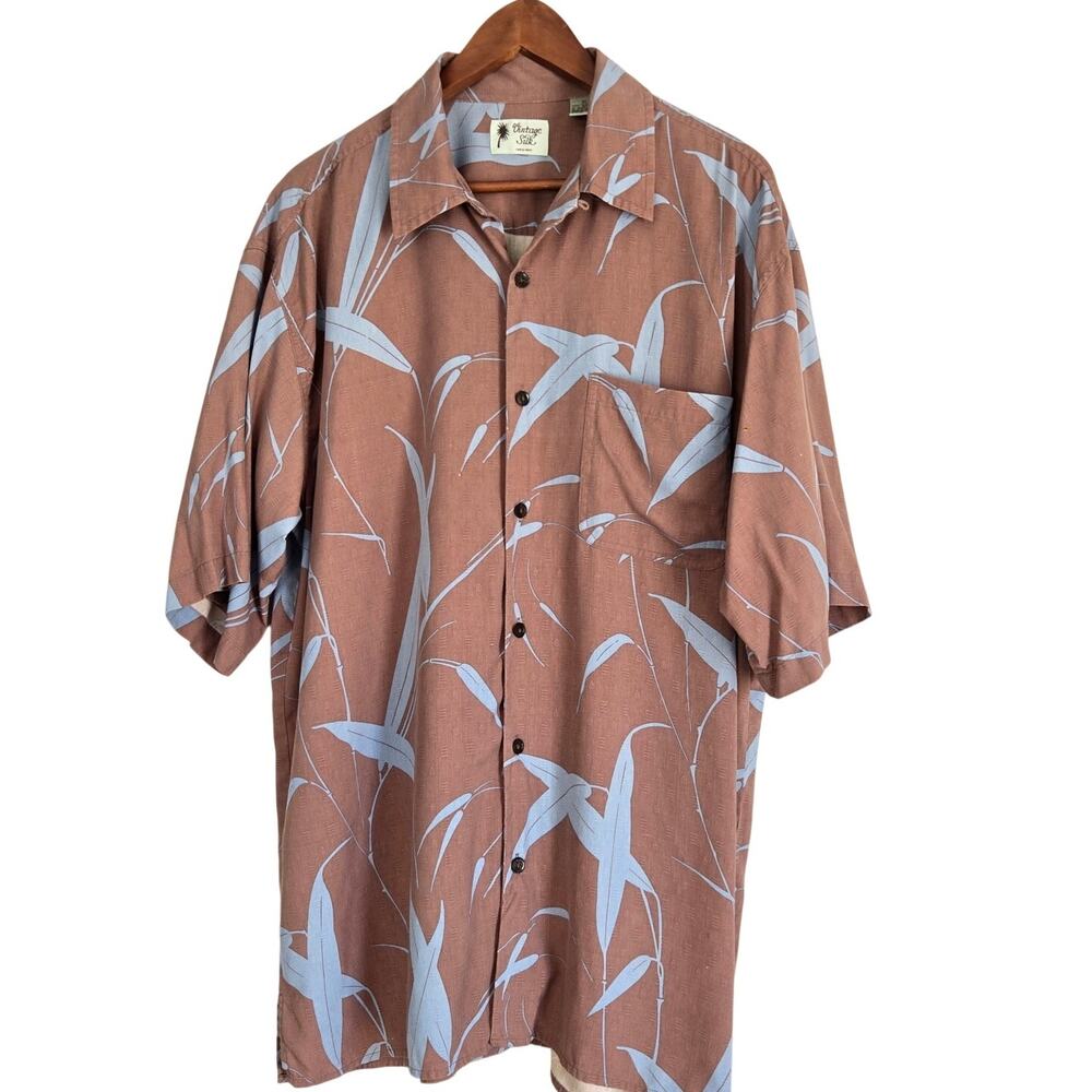 Vintage Silk Brown and Blue Abstract Print Button Up Shirt Size XL 100% Silk